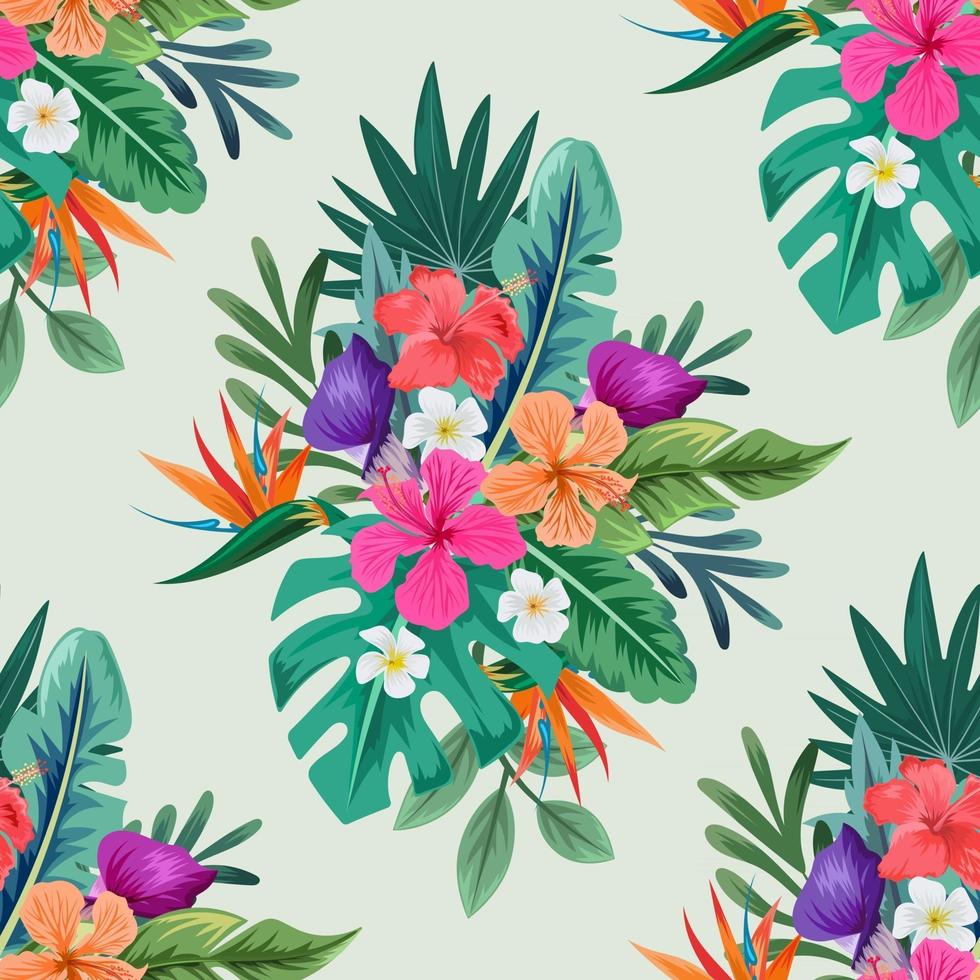 Seamless pattern with beautiful tropical flowers and leaves exotic background vector