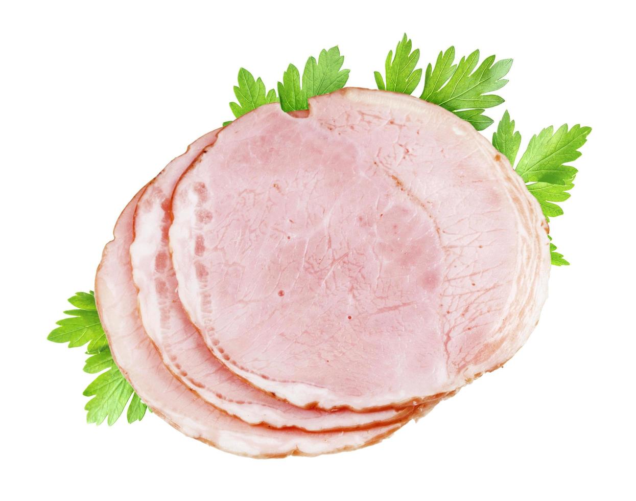 Slices of smoked ham isolated on white photo