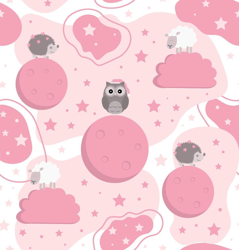 Seamless sweet dreams animal pattern with owl hedgehog and sheep on the background with moon stars and clouds Vector illustration