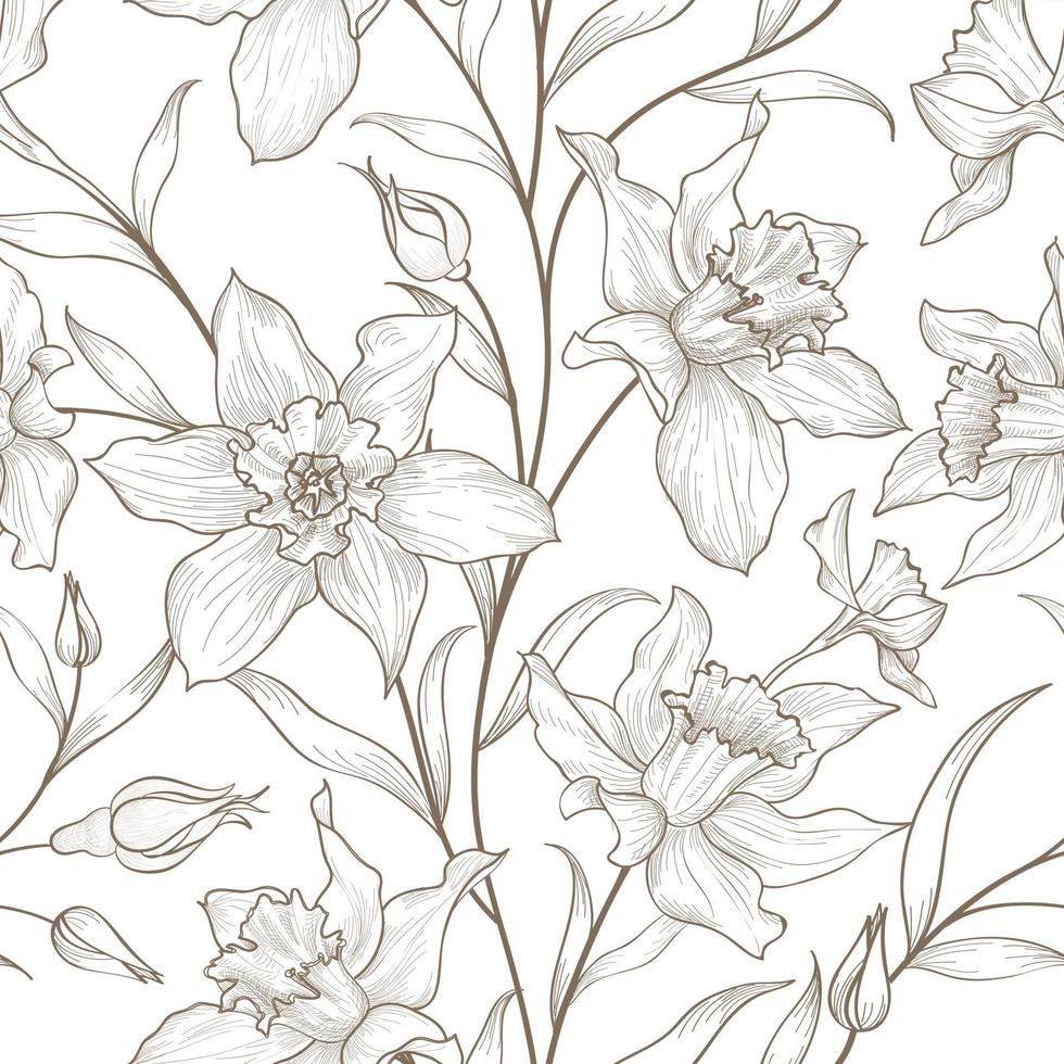 Floral hand drawn sketch seamless pattern Flower narcissus line art retro background vector