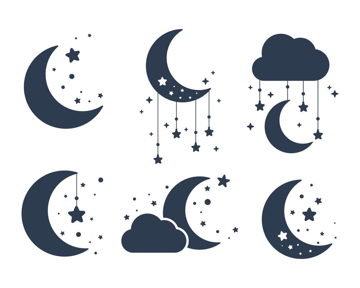 Vector Silhouette Of The Crescent Moon And Stars In The Night Sky Isolated On Background 2400325 Vector Art At Vecteezy