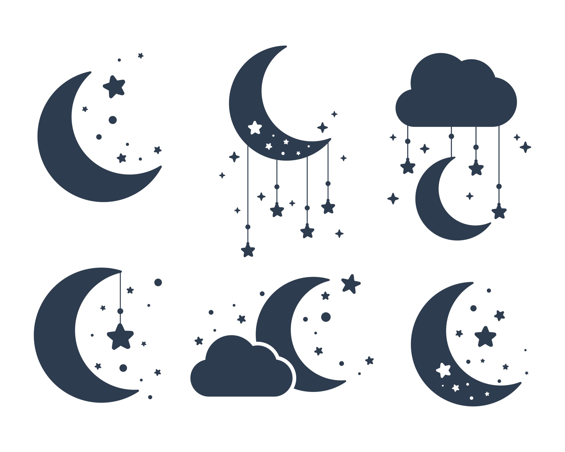 Vector silhouette of the crescent moon and stars in the night sky ...