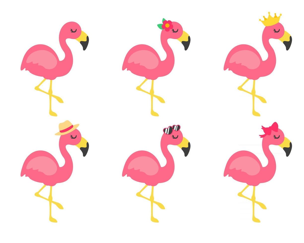 vector de dibujos animados flamencos y accesorios de flores gafas lazos y sombreros ideales para viajes de verano