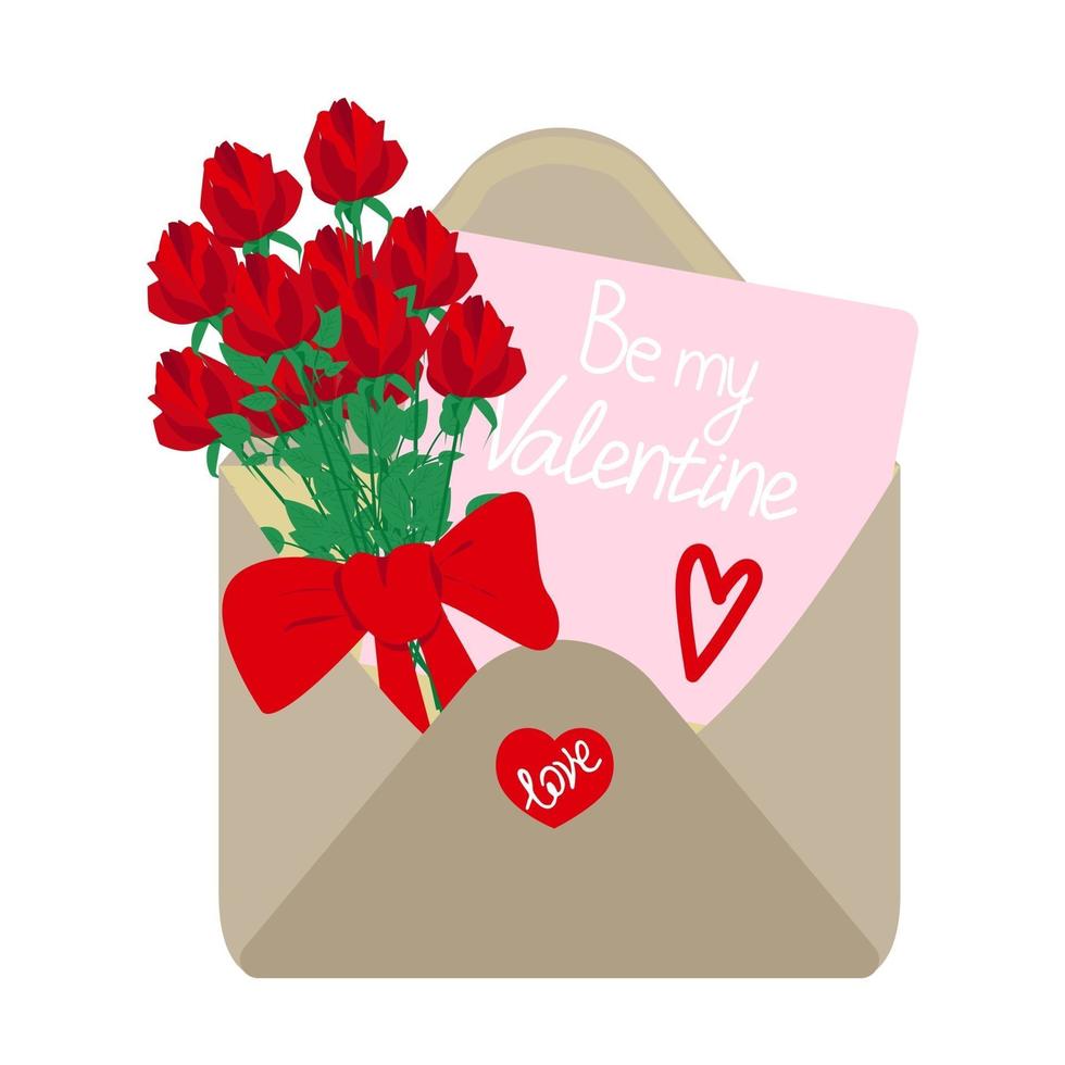 Sobre abierto con un ramo de rosas en el interior y una carta de amor, regalo navideño para un ser querido, ilustración vectorial del día de San Valentín en estilo plano vector