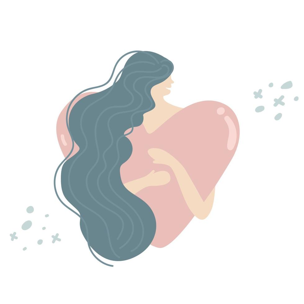 Young woman hugs a big heart with love and care Girl with long hair holds pink heart in hands Self care and body positive concept vector