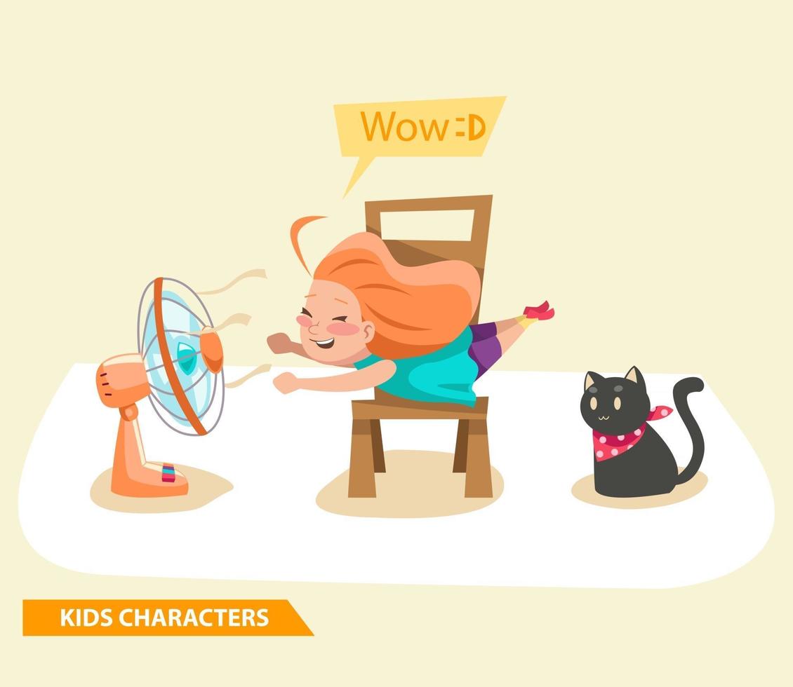 Niños niñas jugando con diseño de personajes de ventilador y gato. vector