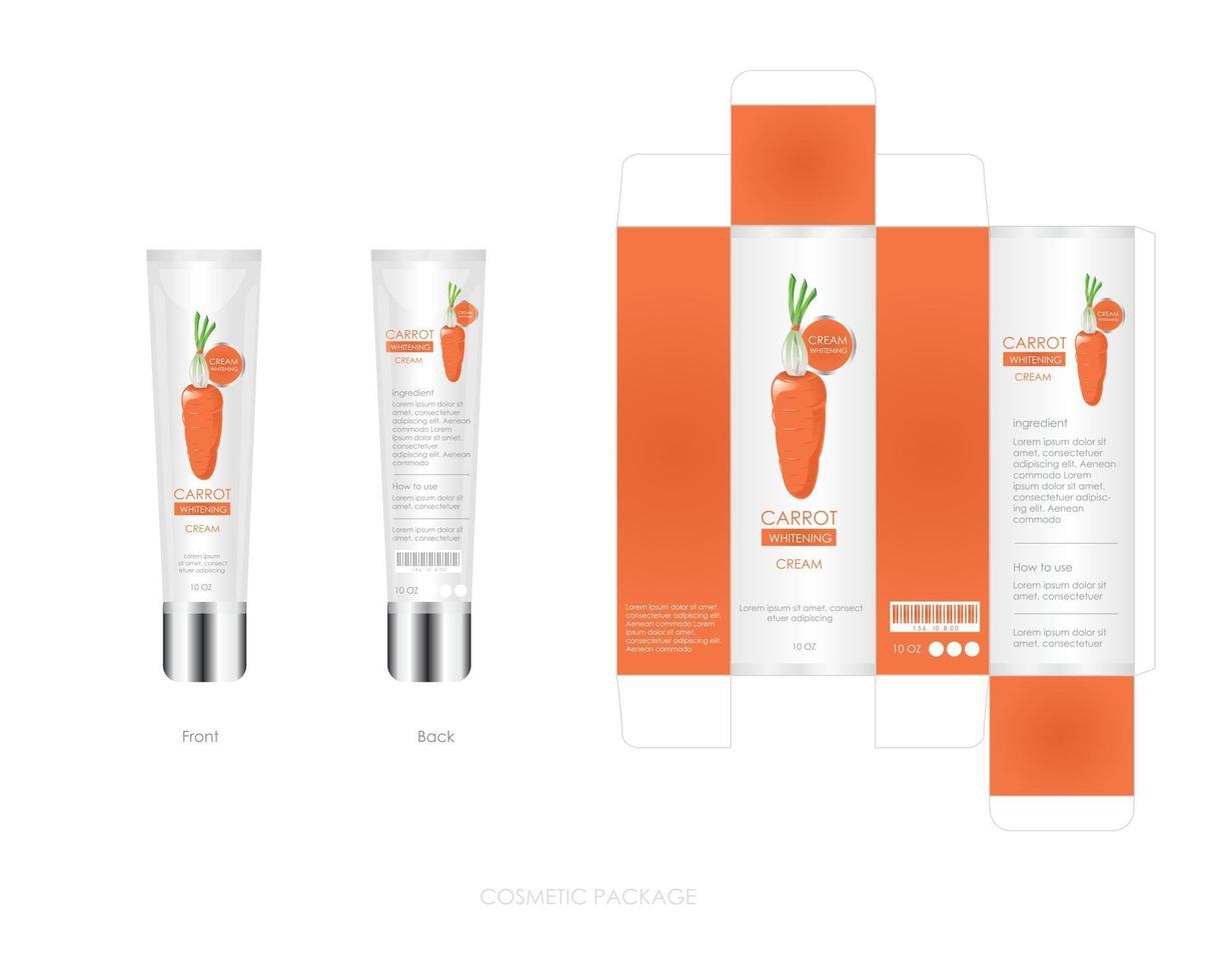 El diseño del paquete cosmético de zanahoria incluye caja y botella. vector