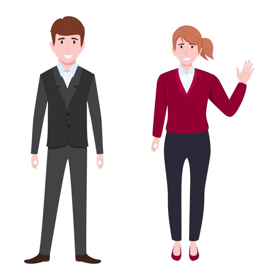 Young happy businessman and businesswoman character wearing business outfit standing and posing waving isolated vector