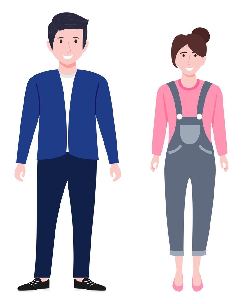 Young happy businessman and businesswoman character wearing business outfit standing and posing isolated vector