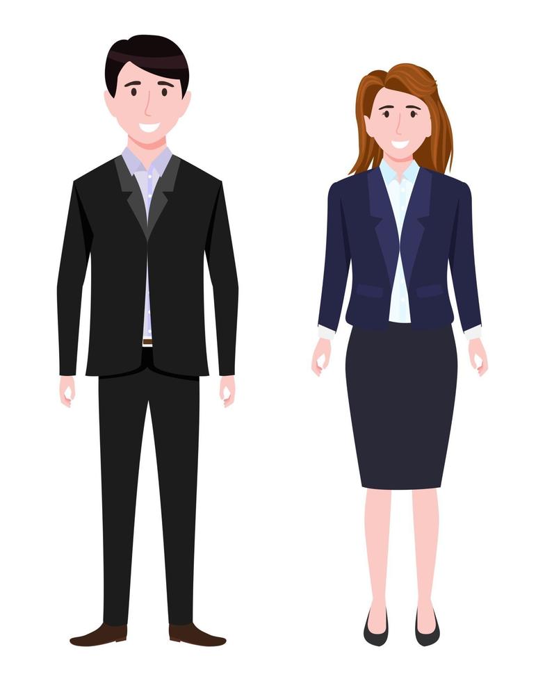 Young happy businessman and businesswoman character wearing business outfit standing and posing isolated vector