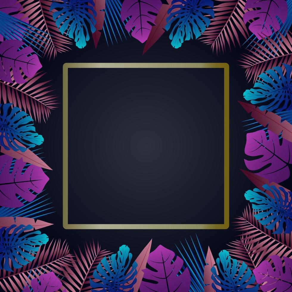 Exotic tropical vector around a frame with hawaiian plants and flowers Dark indigo tropical pattern with monstera and sabal palm leaves