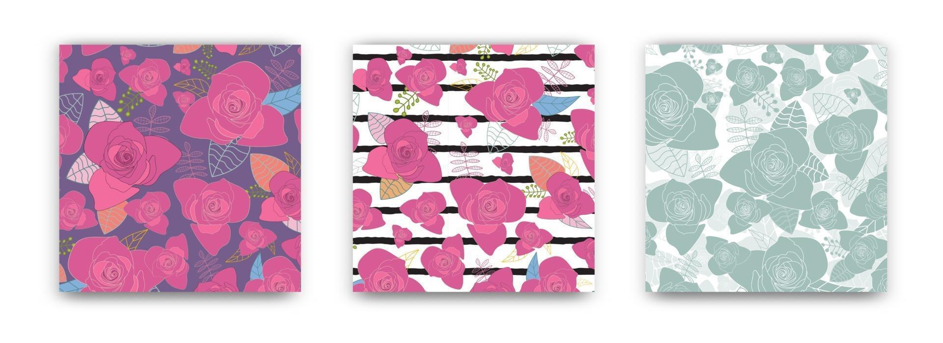 Vector set of pink rose floral striped and green silhouette seamless pattern