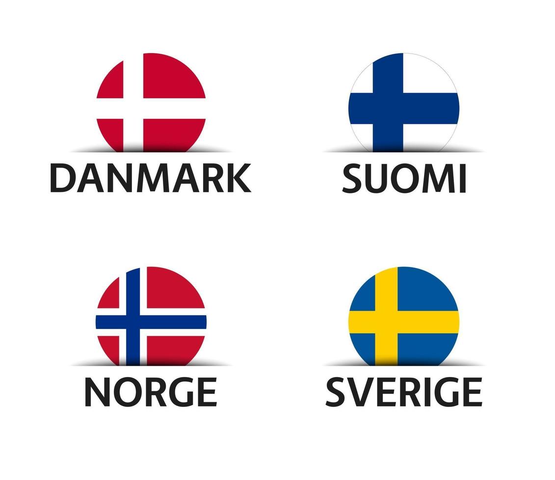 Dinamarca, Finlandia, Noruega y Suecia conjunto de cuatro pegatinas danés finlandés noruego y sueco iconos sencillos con banderas aislado sobre un fondo blanco. vector