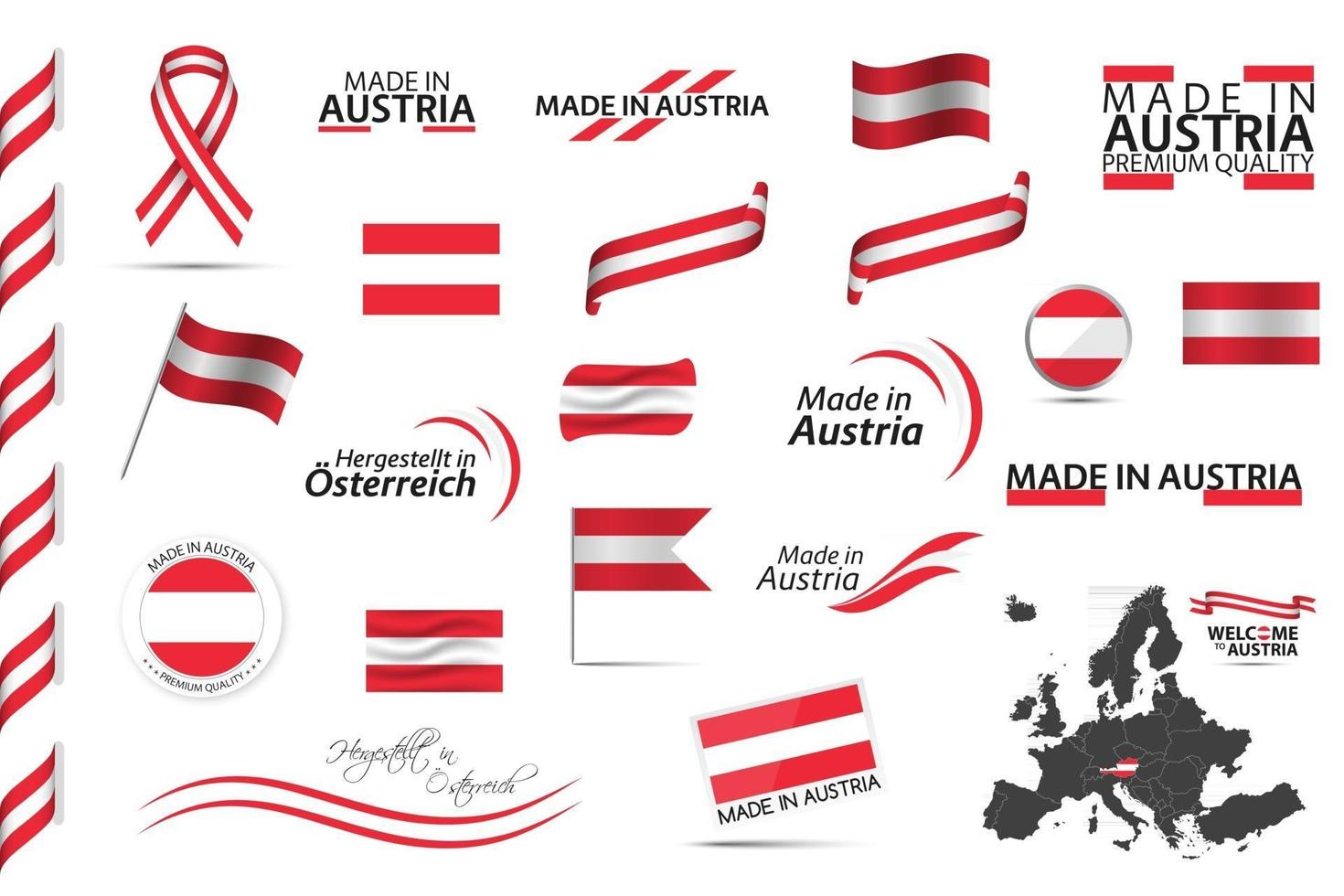 gran conjunto de vectores de iconos de símbolos de cintas austriacas y banderas aisladas sobre un fondo blanco hecho en austria colores nacionales austriacos de calidad premium establecidos para sus infografías y plantillas