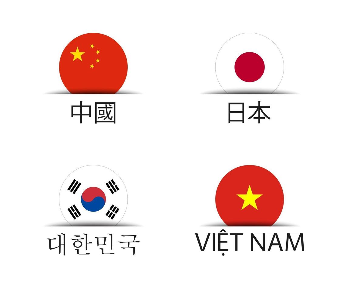 china, japón, corea del sur, y, vietnam, conjunto, de, cuatro, chino, japonés, coreano, y, vietnamita, pegatinas, simple, iconos, con, bandera, aislado, en, un, fondo blanco vector