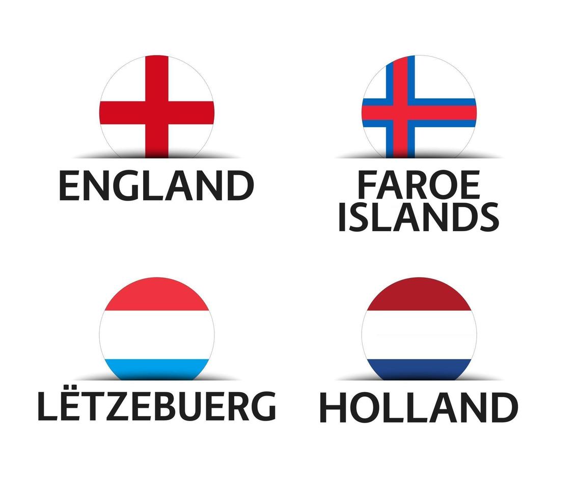 Inglaterra islas feroe luxemburgo y países bajos conjunto de cuatro islas feroe inglesas pegatinas luxemburguesas y holandesas iconos simples con banderas aisladas sobre un fondo blanco vector