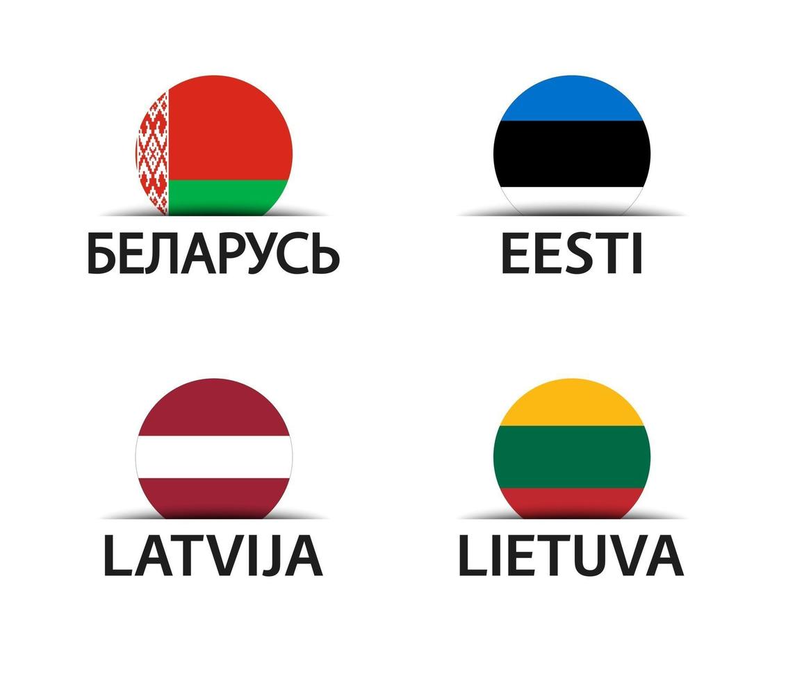 bielorrusia, estonia, letonia y lituania, conjunto, de, cuatro, bielorruso, estonia, letón, y, lituano, pegatinas, iconos simples, con, banderas, aislado, en, un, fondo blanco vector