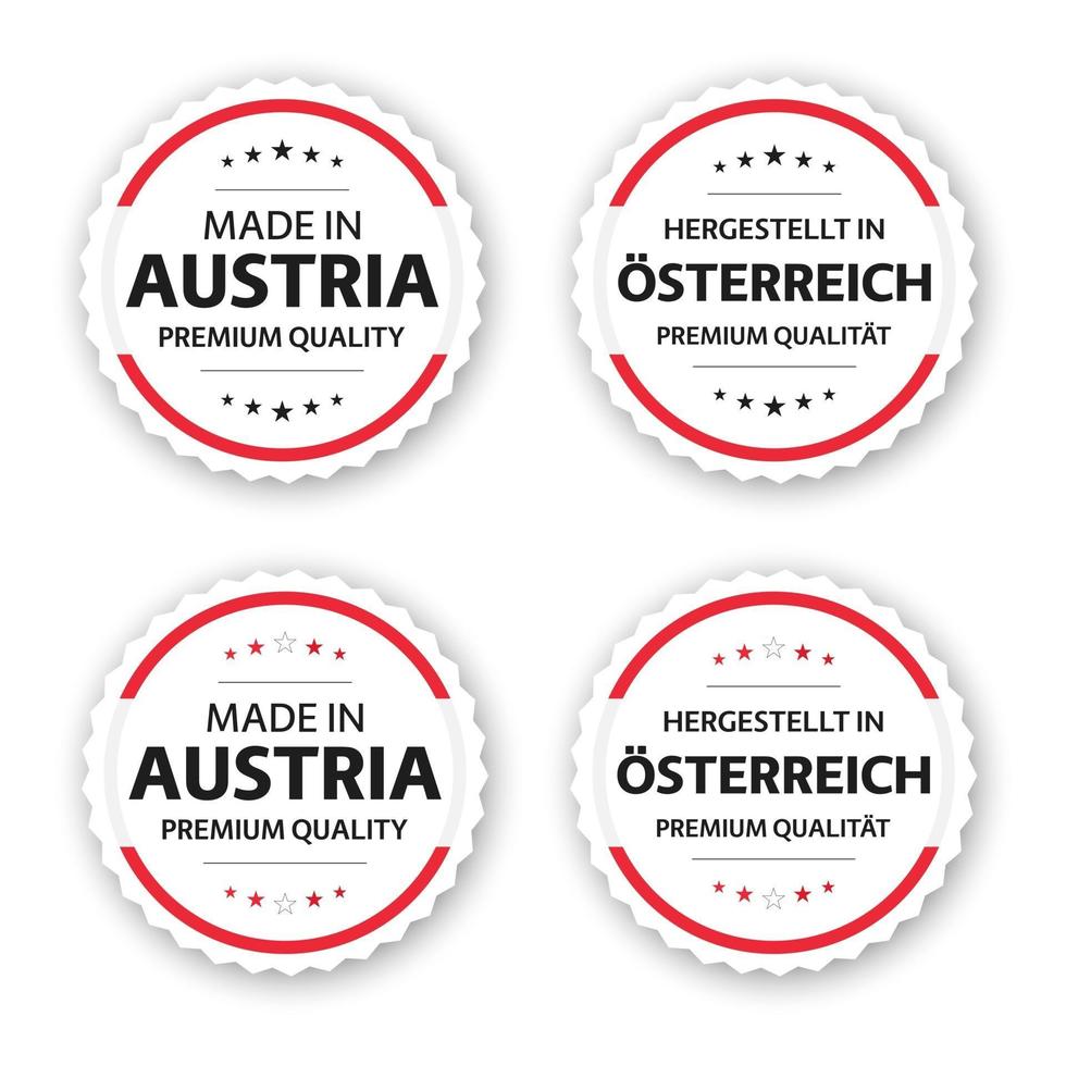 Set of four Austrian labels Made in Austria In German Hergestellt in Osterreich Premium quality stickers and symbols with stars Simple vector illustration isolated on white background