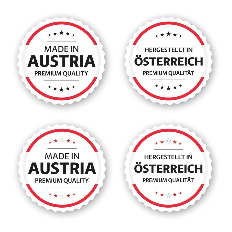 Set of four Austrian labels Made in Austria In German Hergestellt in Osterreich Premium quality stickers and symbols with stars Simple vector illustration isolated on white background