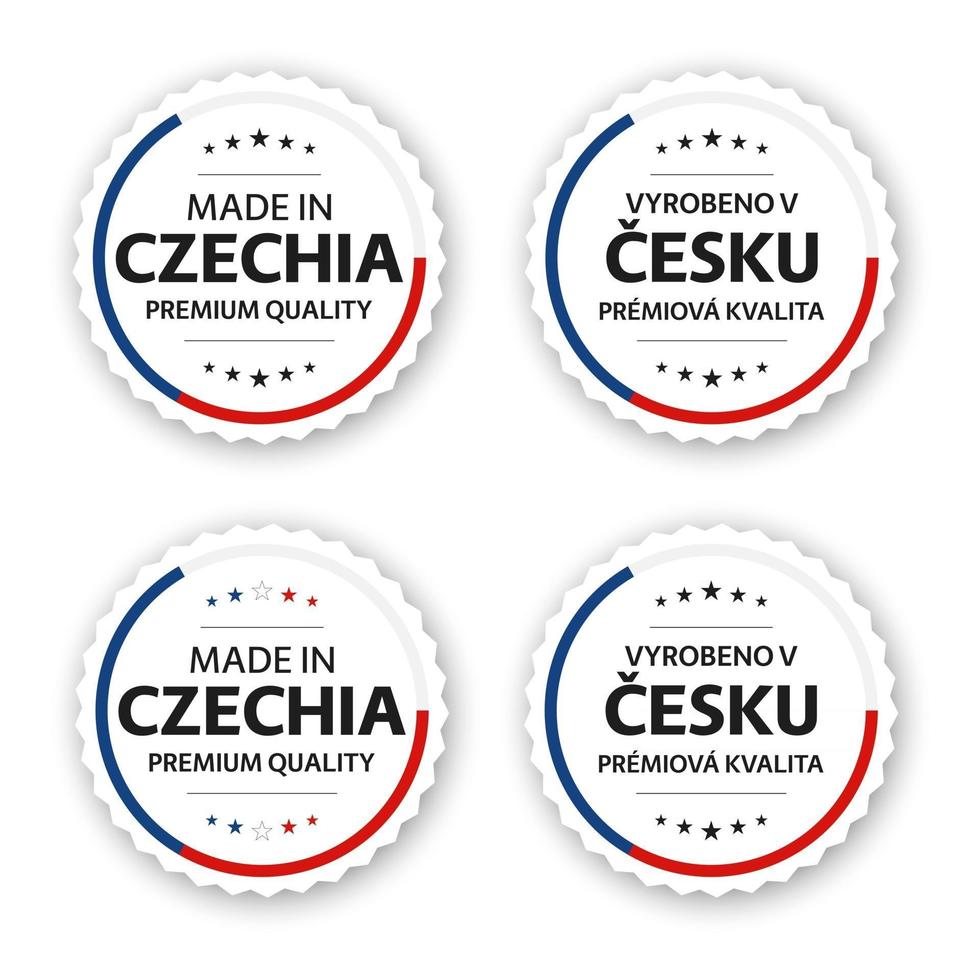 Set of four Czech labels Made in Czechia In Czech Vyrobeno v Cesku Premium quality stickers and symbols with stars Simple vector illustration isolated on white background