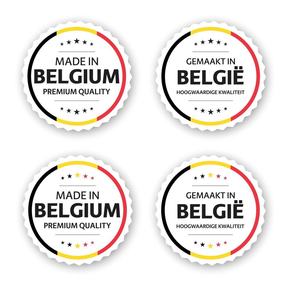 Set of four Belgian labels Made in Belgium In Dutch Gemaakt in Belgie Premium quality stickers and symbols with stars Simple vector illustration isolated on white background