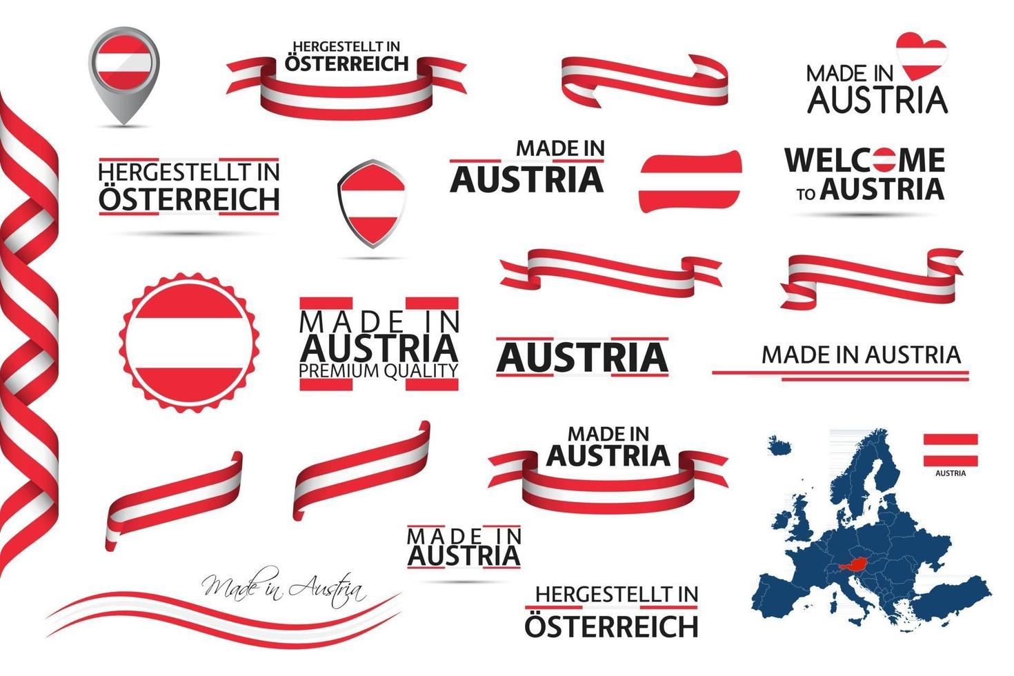 gran conjunto de vectores de iconos de símbolos de cintas austriacas y banderas aisladas sobre un fondo blanco hecho en austria colores nacionales austriacos de calidad premium establecidos para sus infografías y plantillas