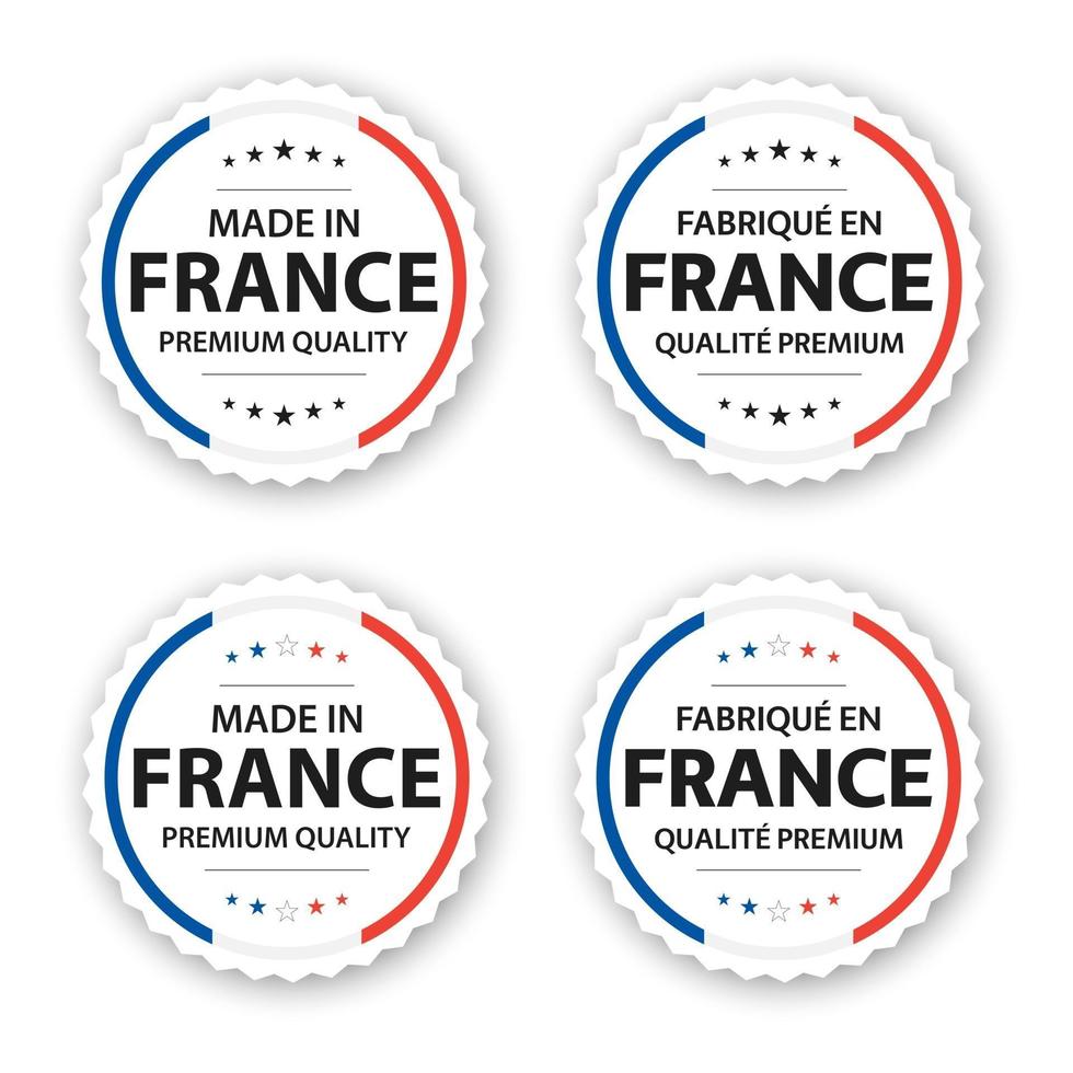 Set of four French labels Made in France In French Fabrique En France Premium quality stickers and symbols with stars Simple vector illustration isolated on white background