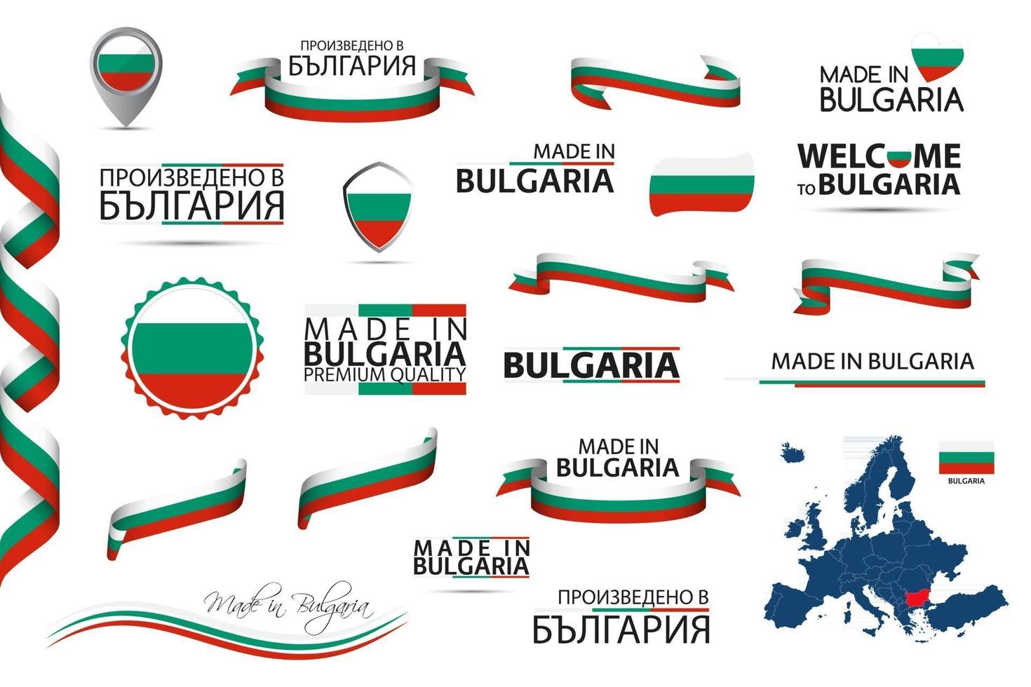 Big vector set of Bulgarian ribbons symbols icons and flags isolated on a white background Made in Bulgaria premium quality Bulgarian national tricolor Set for your infographics and templates