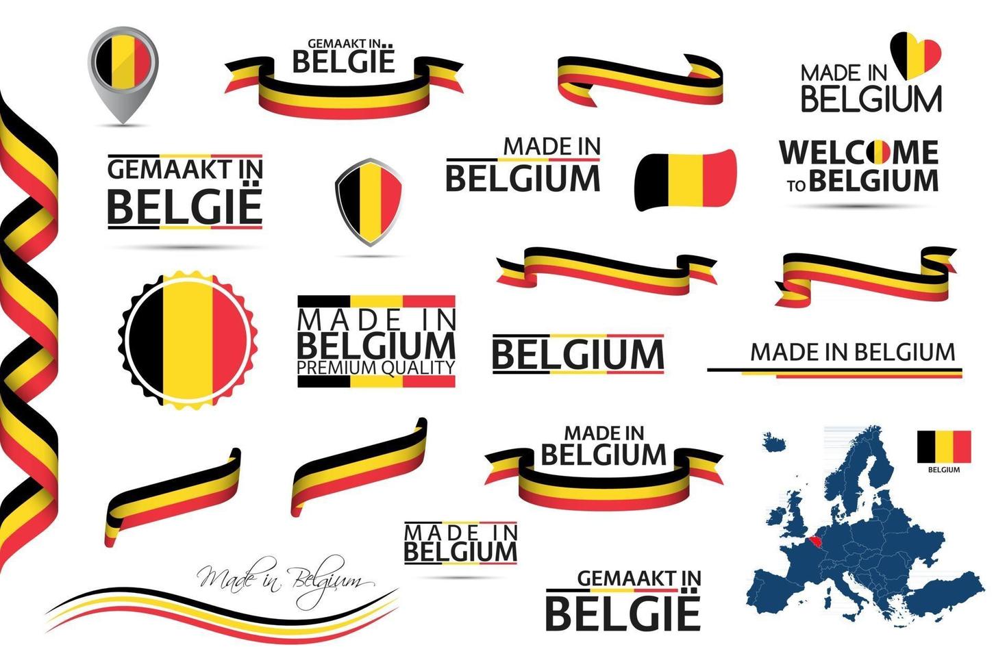 Gran conjunto de vectores de iconos de símbolos de cintas belgas y banderas aisladas sobre un fondo blanco hecho en Bélgica tricolor nacional belga de primera calidad para sus infografías y plantillas