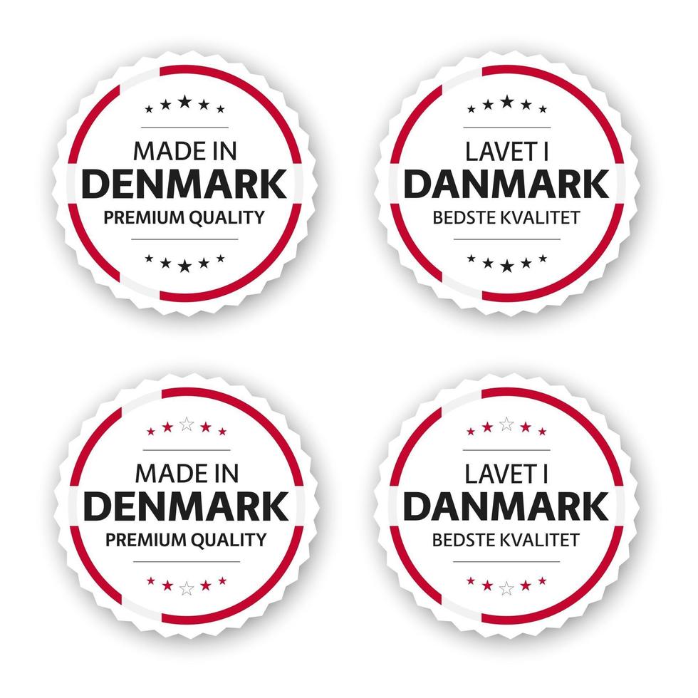 Set of four Danish labels Made in Denmark In Danish Lavet i Danmark Premium quality stickers and symbols with stars Simple vector illustration isolated on white background