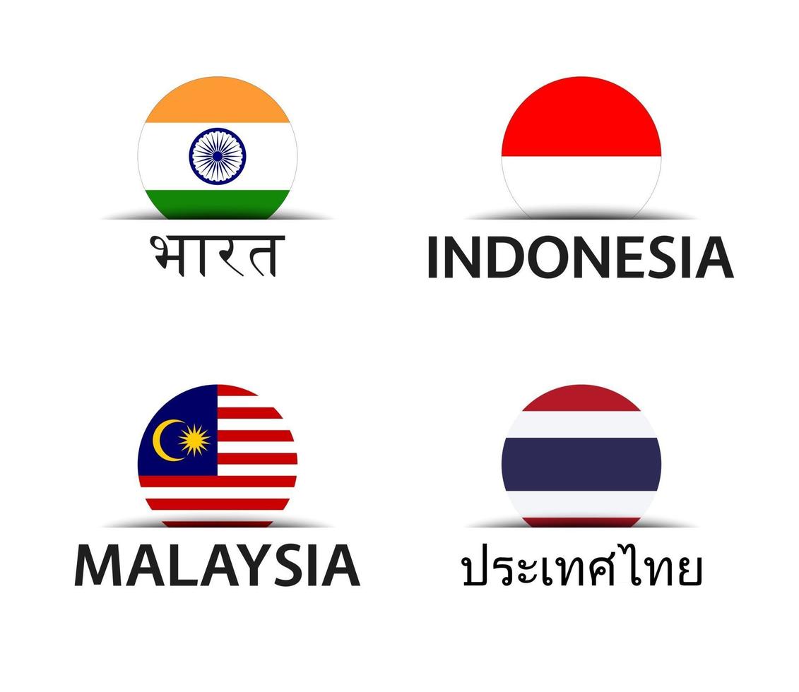 india, indonesia, malasia, y, tailandia, conjunto, de, cuatro, indio, indonesio, malasia, y, tailandés, pegatinas, simple, iconos, con, banderas, aislado, en, un, fondo blanco vector