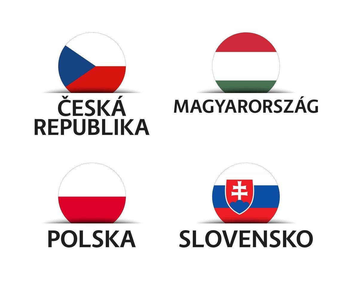 República Checa Hungría Polonia y Eslovaquia conjunto de cuatro pegatinas checo húngaro polaco y eslovaco iconos simples con banderas aisladas sobre fondo blanco vector