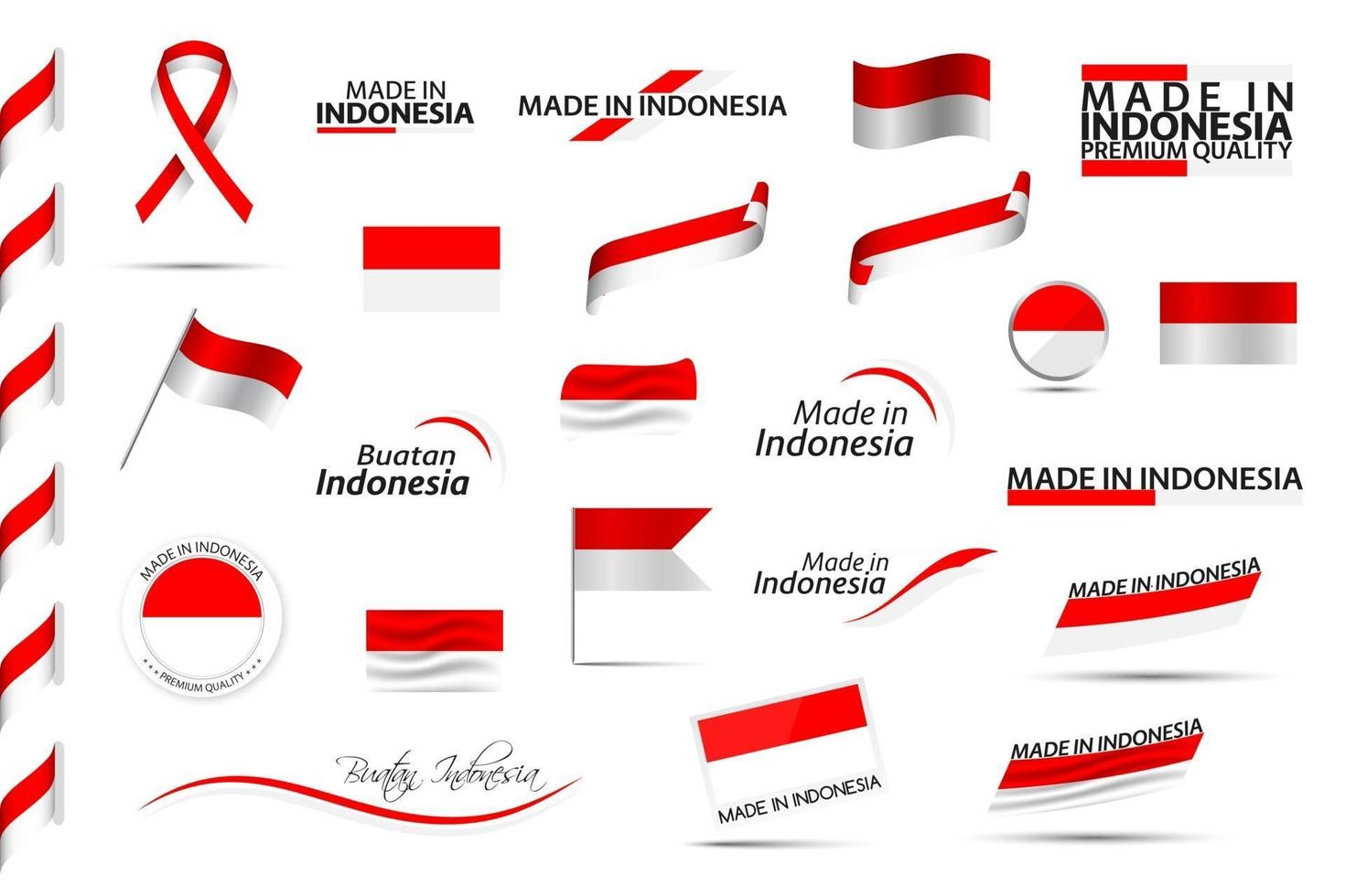 Big vector set of Indonesian ribbons symbols icons and flags isolated on a white background Made in Indonesia premium quality Indonesian national colors Set for your infographics and templates