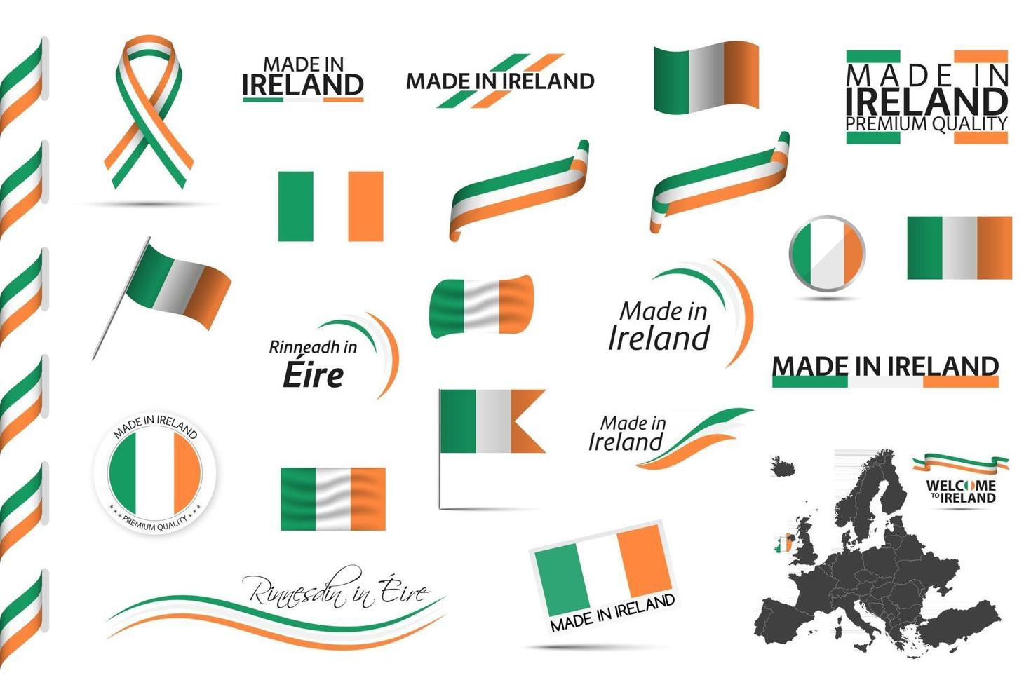 Big vector set of Irish ribbons symbols icons and flags isolated on a white background Made in Ireland premium quality Irish national tricolor Set for your infographics and templates