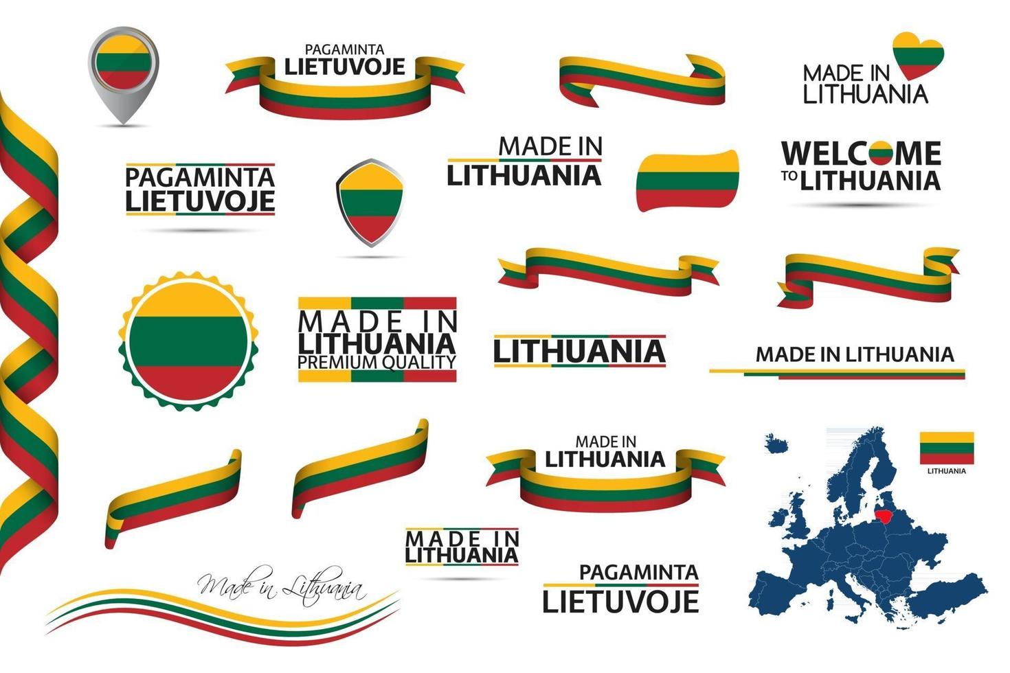 Big vector set of Lithuanian ribbons symbols icons and flags isolated on a white background Made in Lithuania premium quality Irish national tricolor Set for your infographics and templates