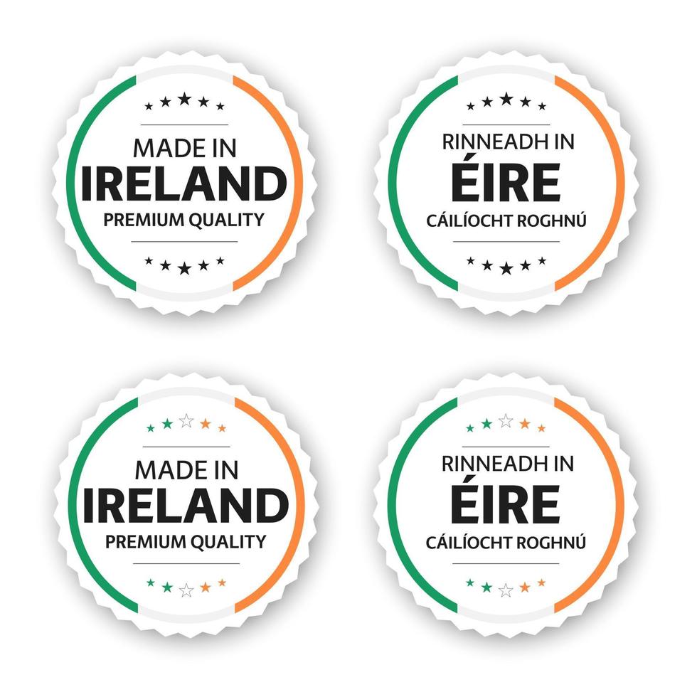Set of four Irish labels Made in Ireland In Irish Rinneadh in Eire Premium quality stickers and symbols with stars Simple vector illustration isolated on white background