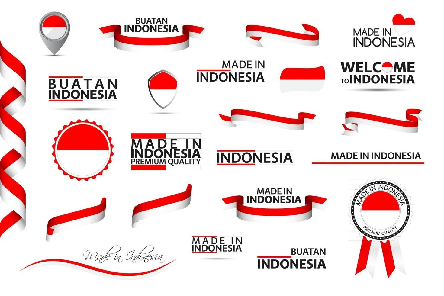 Big vector set of Indonesian ribbons symbols icons and flags isolated on a white background Made in Indonesia premium quality Indonesian national colors Set for your infographics and templates