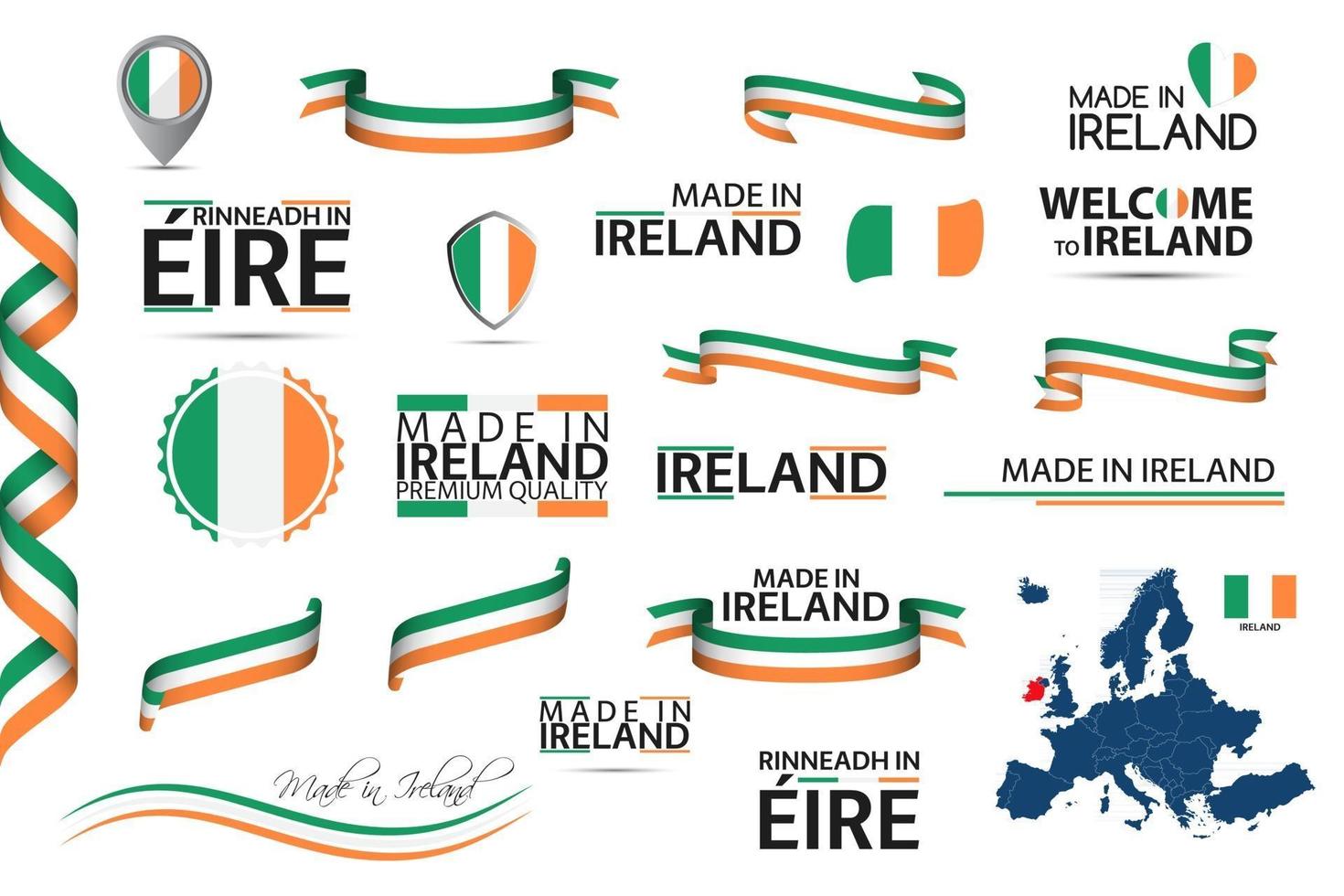 Big vector set of Irish ribbons symbols icons and flags isolated on a white background Made in Ireland premium quality Irish national tricolor Set for your infographics and templates
