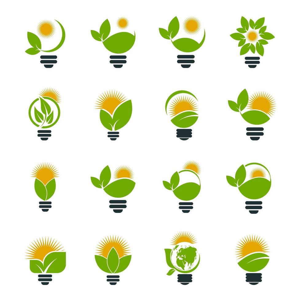 Ecology bulb logos of green with sun and leaves nature element icon on white background vector