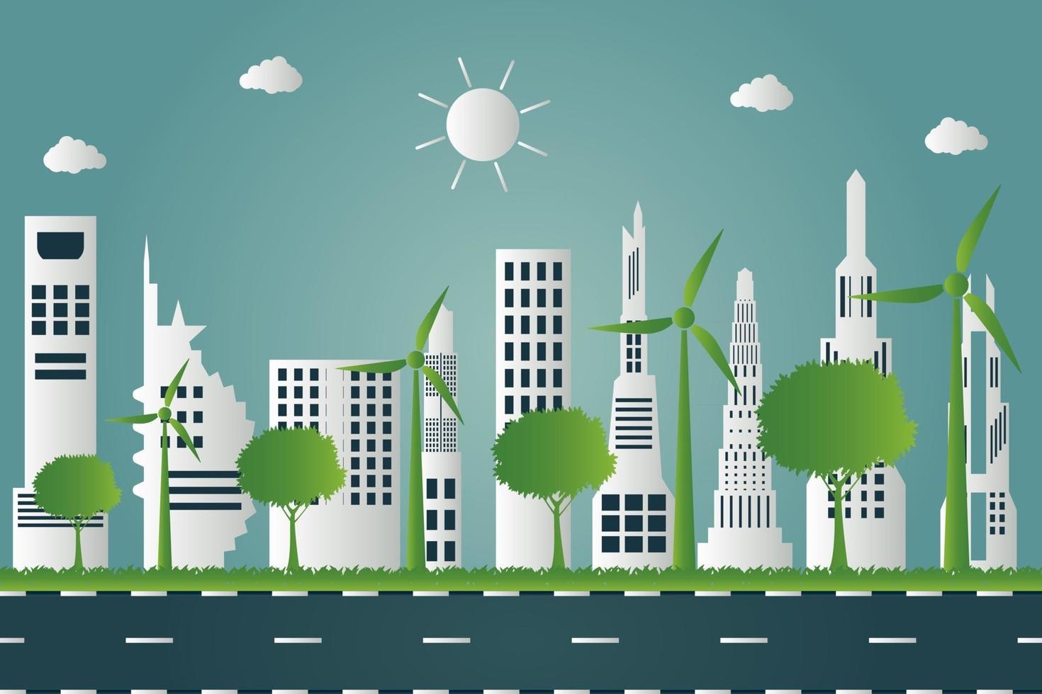 turbinas eólicas con árboles y energía limpia del sol con ideas de concepto ecológico en el fondo de la ciudad vector