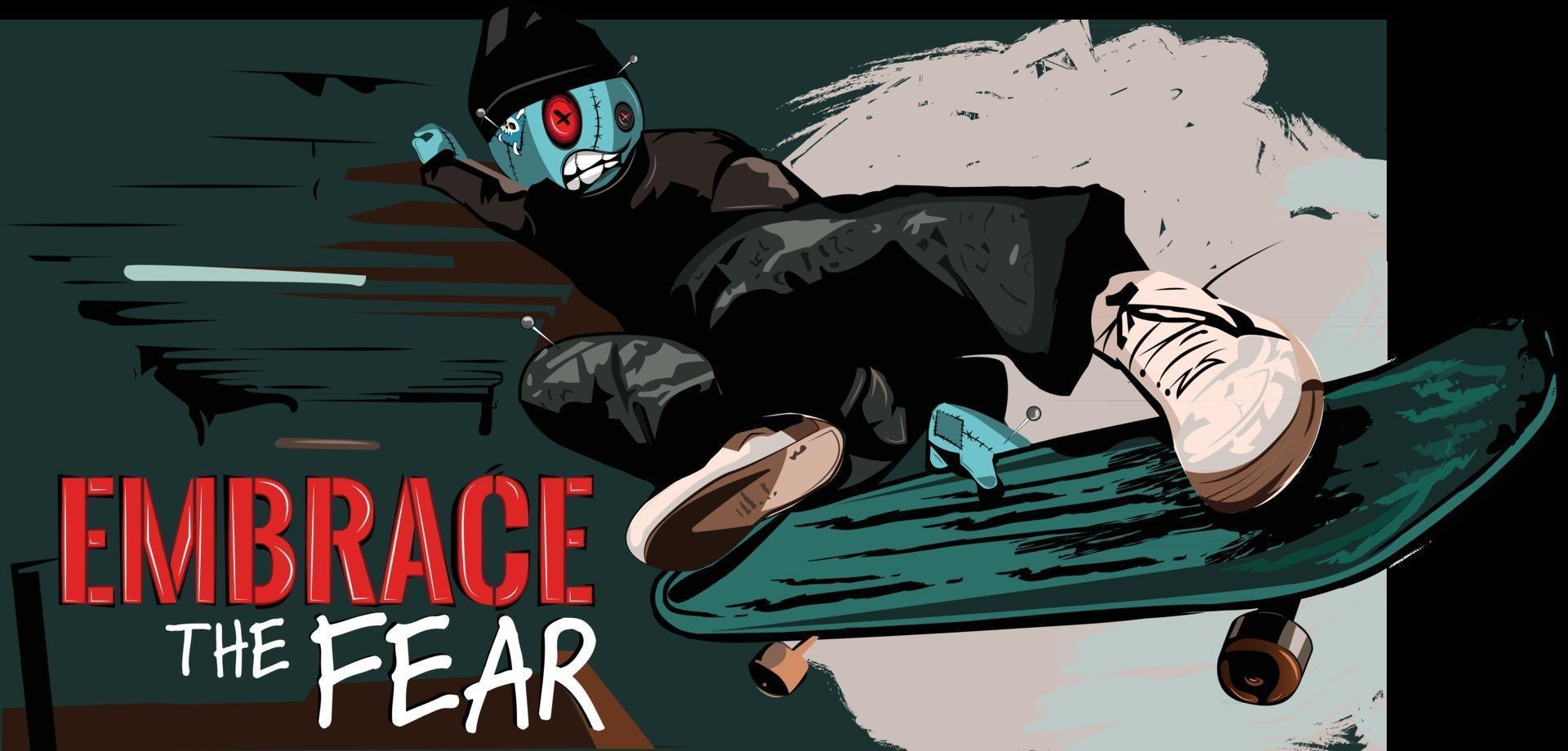 Voodoo doll skateboarding with text Embrace the Fear vector