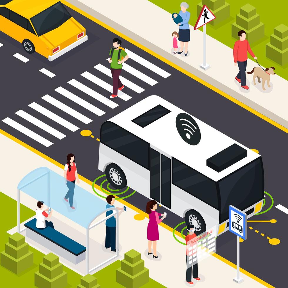 Autonomous Vehicle Isometric Composition Vector Illustration