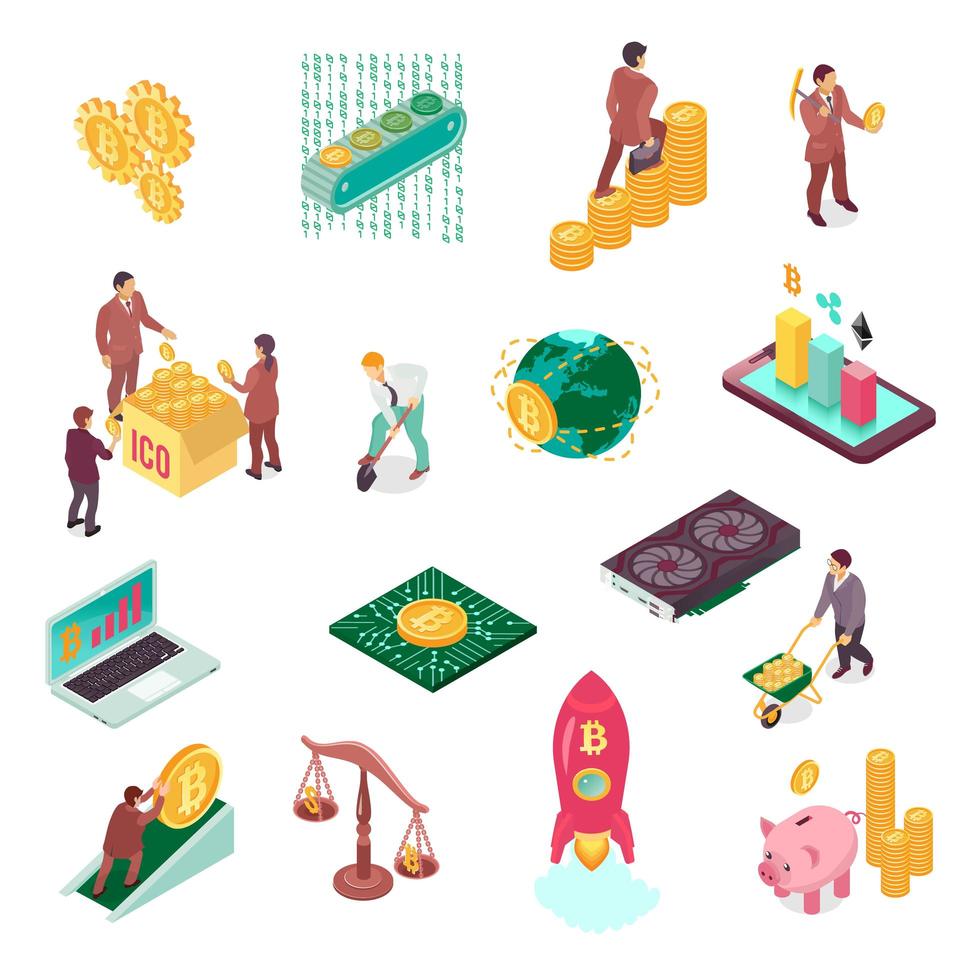 Blockchain Cryptocurrency Isometric Set Vector Illustration