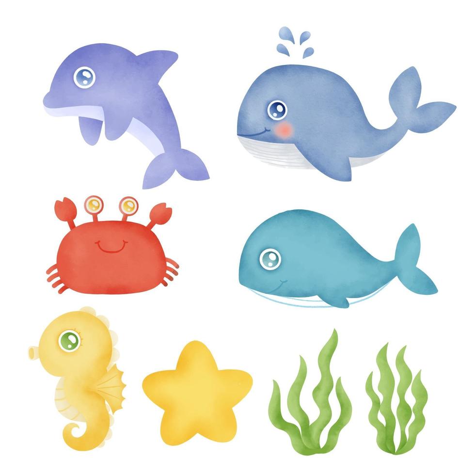 Watercolor Collection of hand drawn underwater animals vector