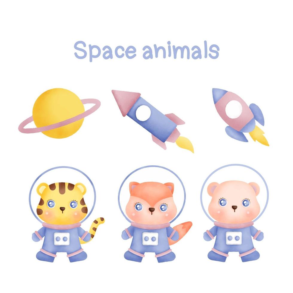 Watercolor Collection of hand drawn space animals vector