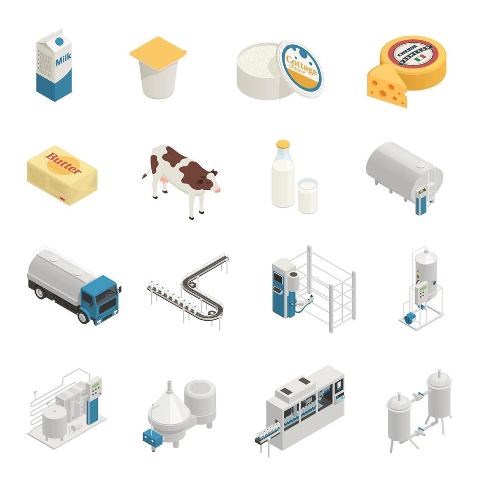 Ilustración de vector de conjunto de iconos de producción de leche