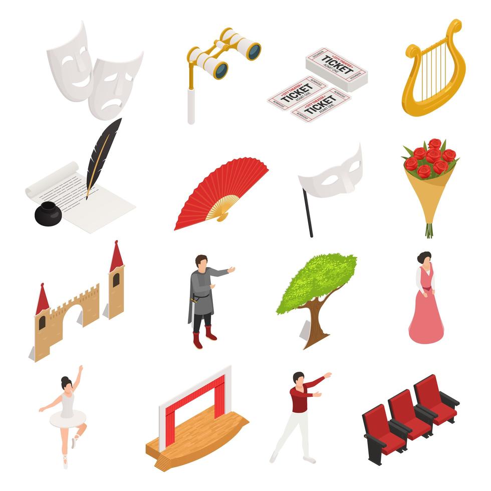 Ilustración de vector de colección de iconos de teatro isométrico