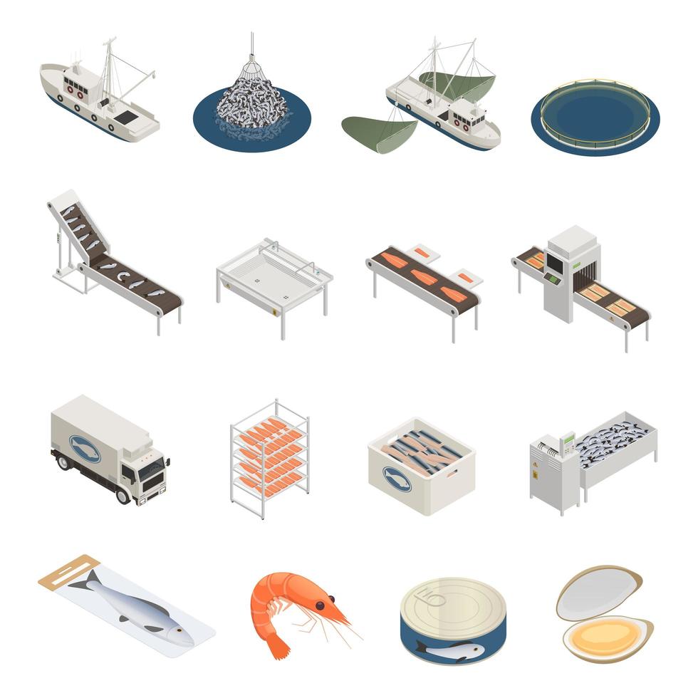 Ilustración de vector de colección de iconos de industria de pescado