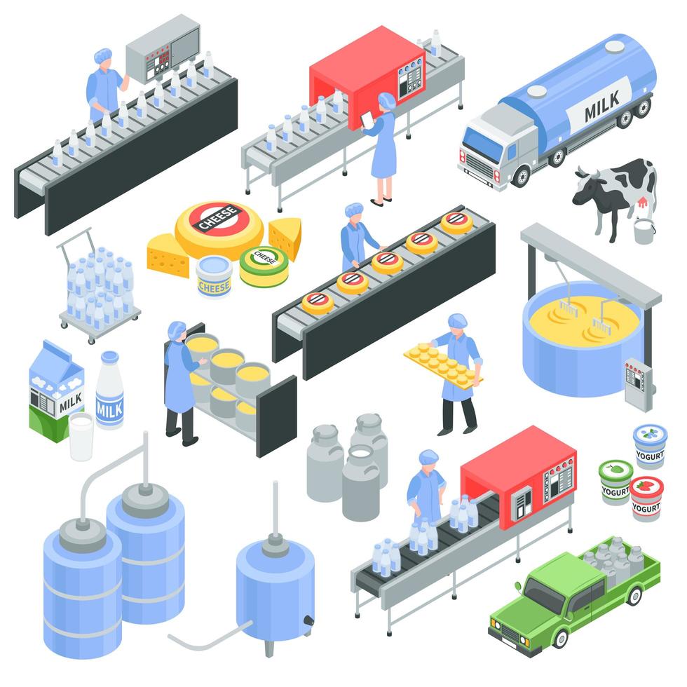 Ilustración de vector de conjunto isométrico de fábrica de productos lácteos