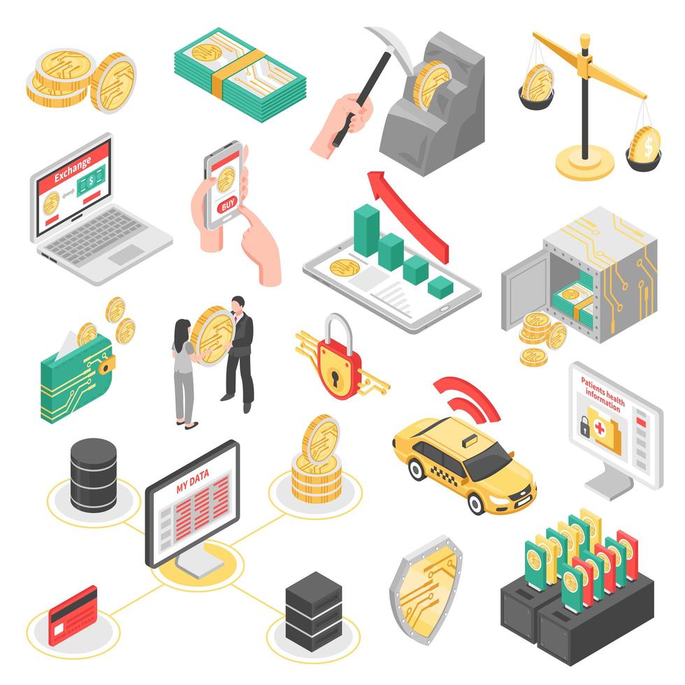 Crypto Currency Isometric Icons Set Vector Illustration